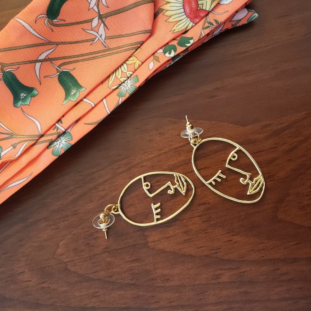 Gold Tone Abstract Art Face Earrings Gift